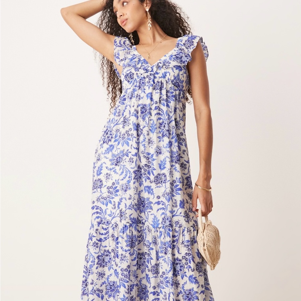 Mango White and Blue Floral Maxi Dress